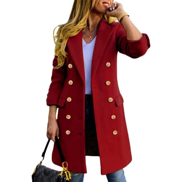 💫 Women Red Midi Trench Coats Fall Winter Wool Casual Double Breasted Peacoat